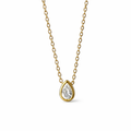 Gold necklace with a teardrop-shaped diamond pendant on a white background

