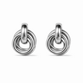 Knotted silver earrings on a white background