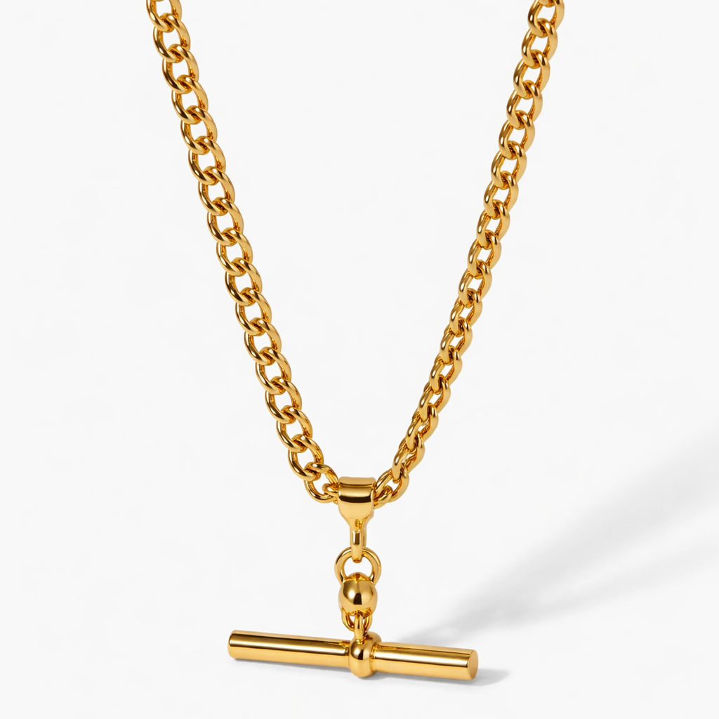 Gold necklace with a clasp on a white background

