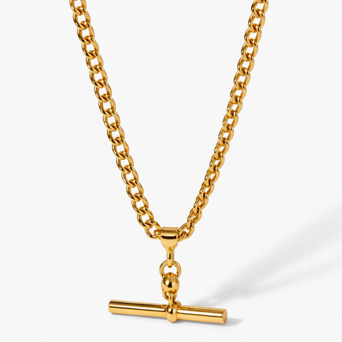Gold necklace with a clasp on a white background

