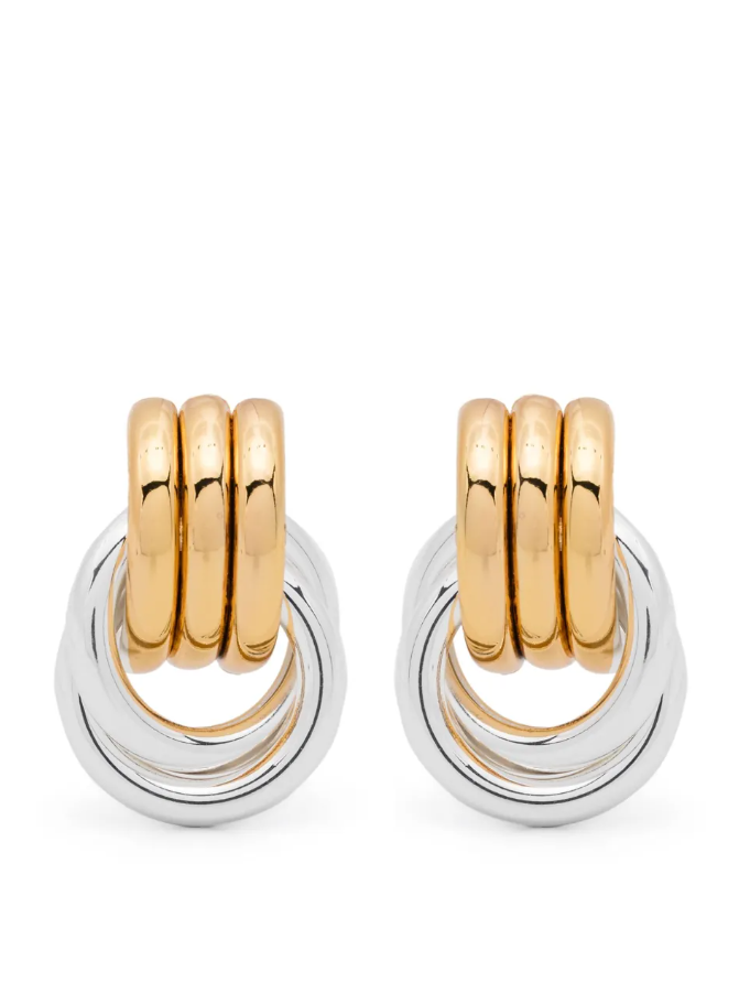 Pair of gold and silver hoop earrings on a white background

