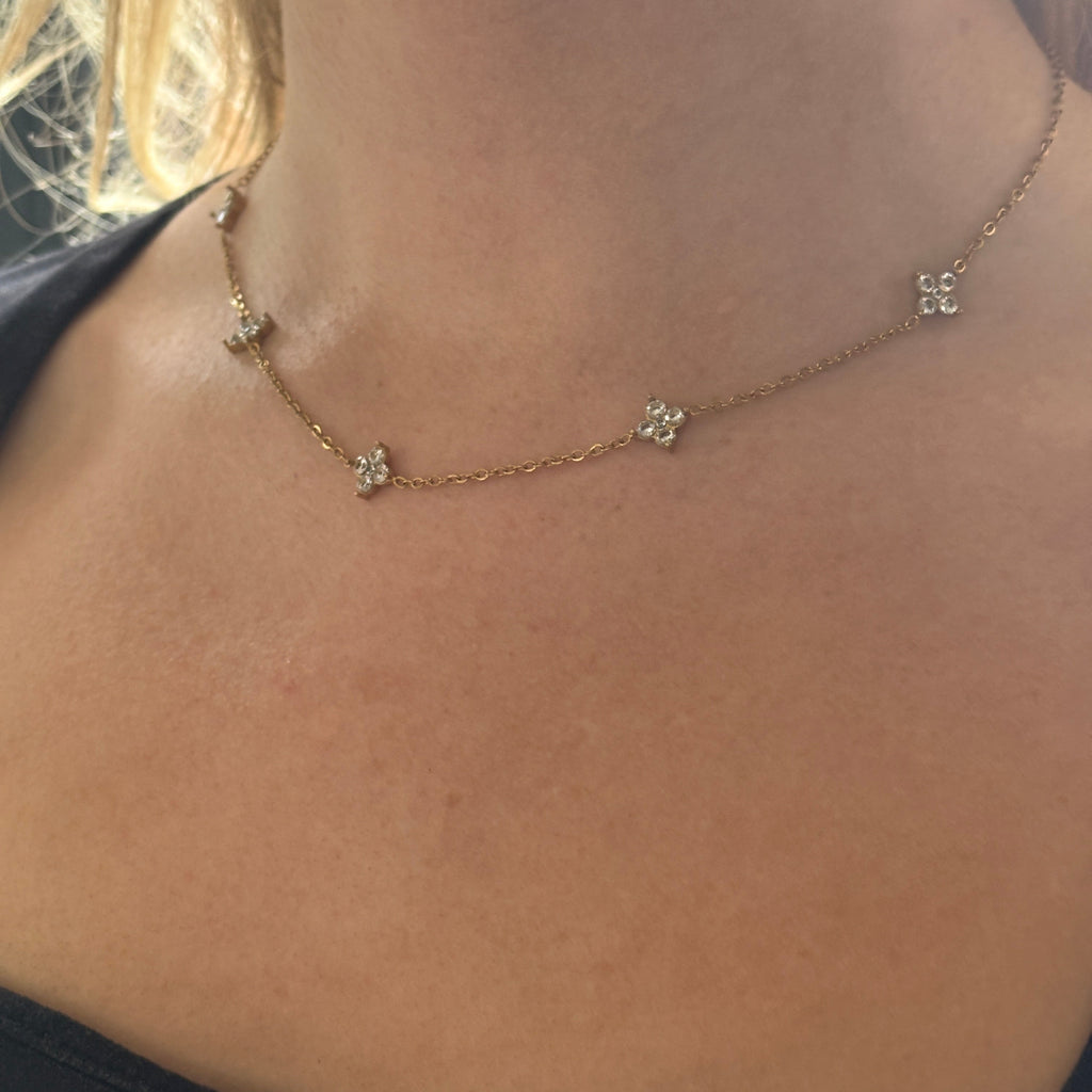 Close-up of a delicate gold necklace with small stones on a person's neck.

