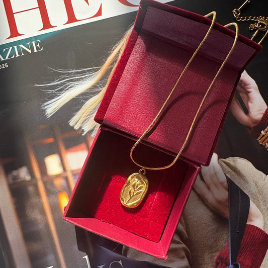 Gold necklace in a red box on top of a magazine

