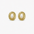 Gold earrings with pearl centres on a white background

