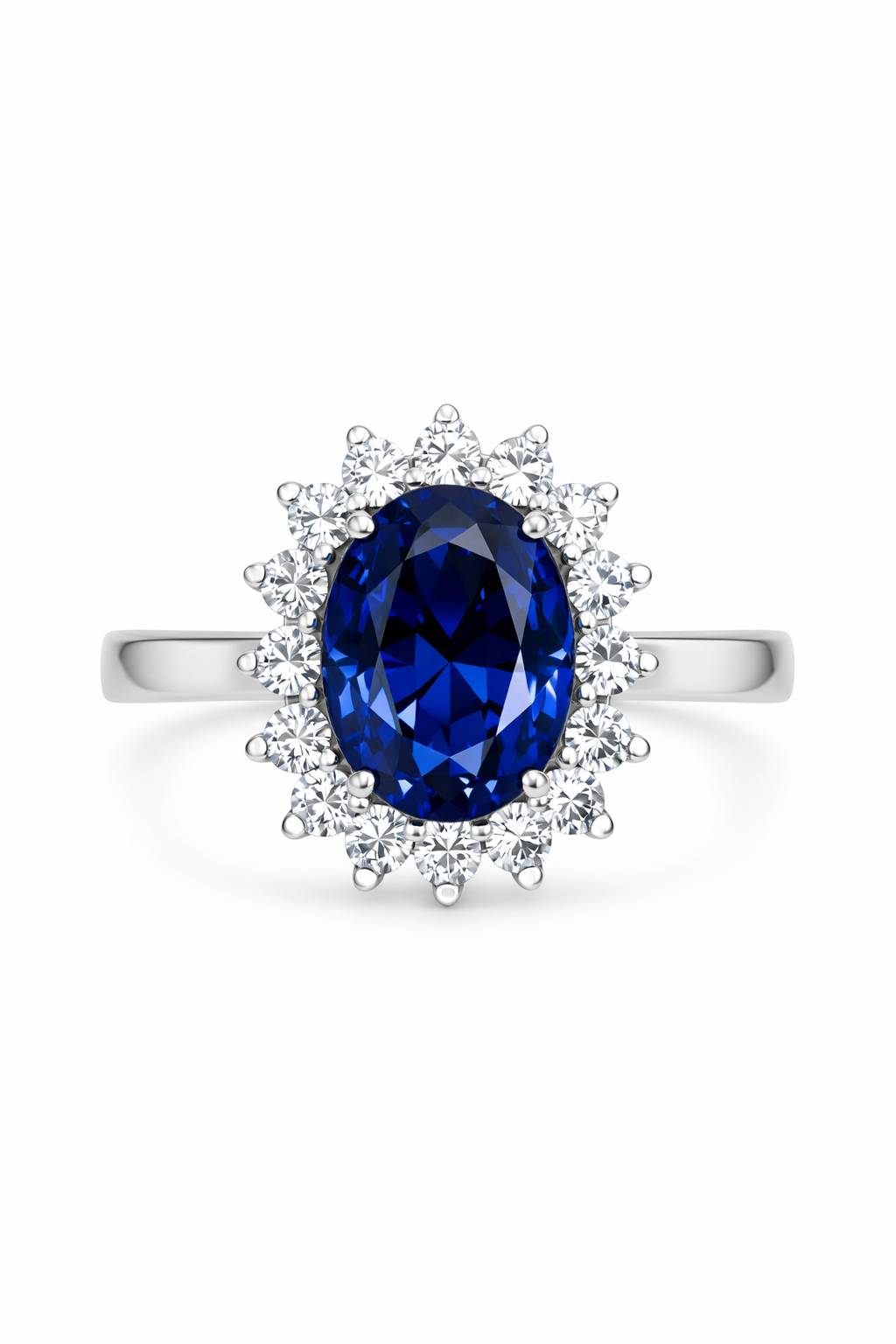 Ring with a blue gemstone and diamond-studded halo on a white background
